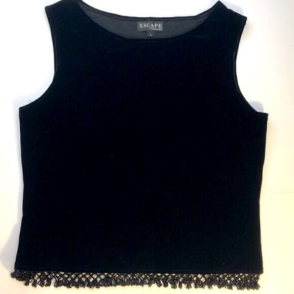 HP! XSCAPE Black Velvet Sleeveless Scoop Neck Top w Crochet Beaded Fringe (L) - Picture 3 of 8